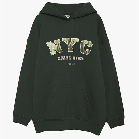 Anine Bing Sport Vincent NYC Hoodie Sweatshirt in Charcoal Green - Picture 1 of 7